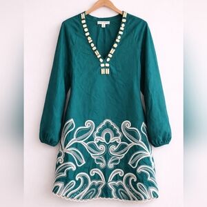 NWT XXS Emerald Linen Blend Embroidered Tunic Dress Boho Beach Travel Embellishe